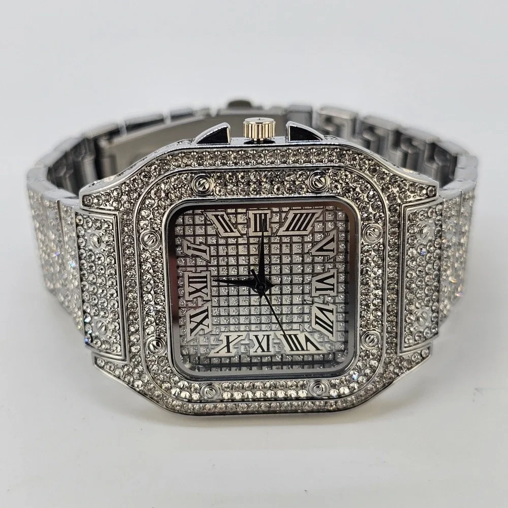 Men's Ice Out Square Watch 41MM Gray Dial Gray Bracelet Band 8